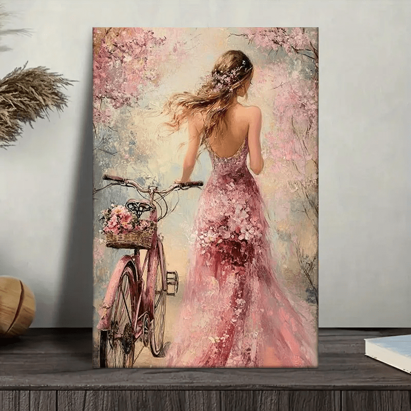 1pc elegant blooming cherry   art print woman with bicycle pink floral dress     16x24in wrapped canvas ideal for living room bedroom kitchen bathroom office wall deco