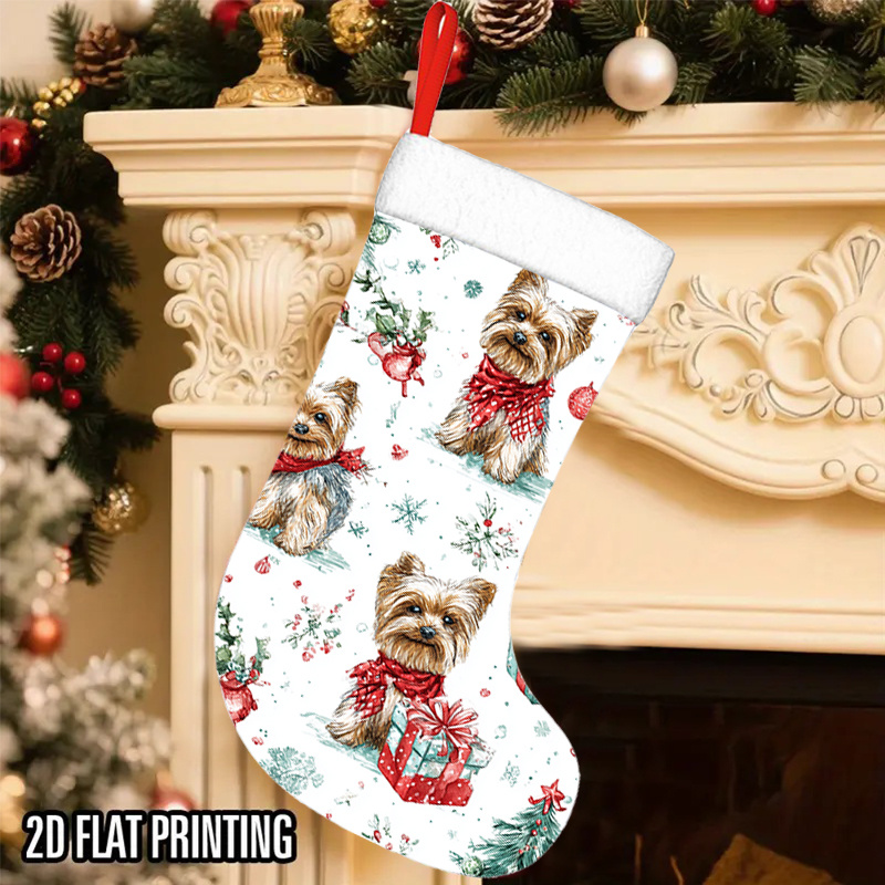 TEMU 1pc Yorkshire Terrier Christmas Stocking - Yorkshire Terrier Dog Lover Gift With Red Scarf Puppies, Snowflakes & Holly Garland - Durable Hanging