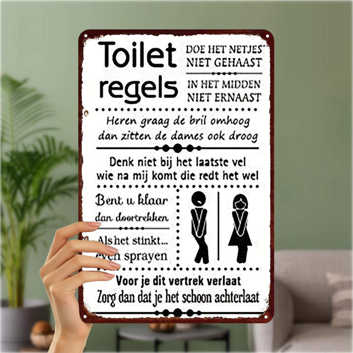 TEMU 2D Plat, 2D Plat 1 stuk, Grappig IJzeren Kunstbord met Toiletregels - Humor Decoratie voor Toiletten en Badkamers 8×12 Inch, 2D Plat