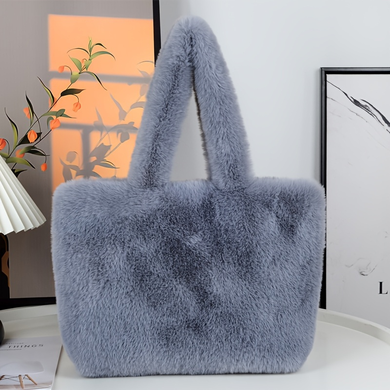 1pc Fashion Women's Large Capacity Faux Fur Handbag With Makeup Pouch