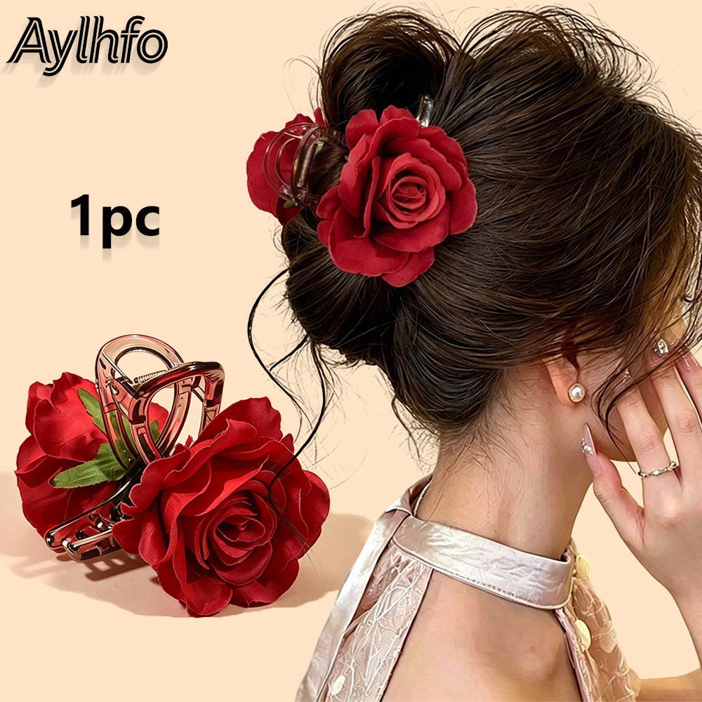 TEMU AYLHFO 1 pz Elegante a Artiglio per Capelli con Rosa, Fermacapelli a Squalo Vintage, Artiglio a Grande Antiscivolo per Donna, Accessori per