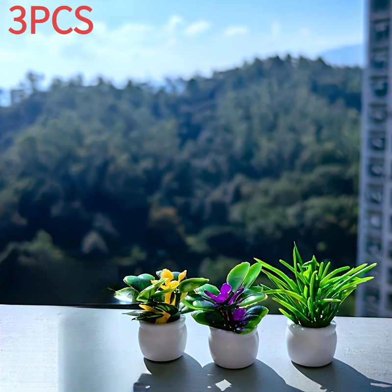 TEMU 3pcs Mini Artificial Potted Plants- Realistic Resin Bonsai And Plants, No Electricity Required, Durable Square Flower Pots, Suitable For