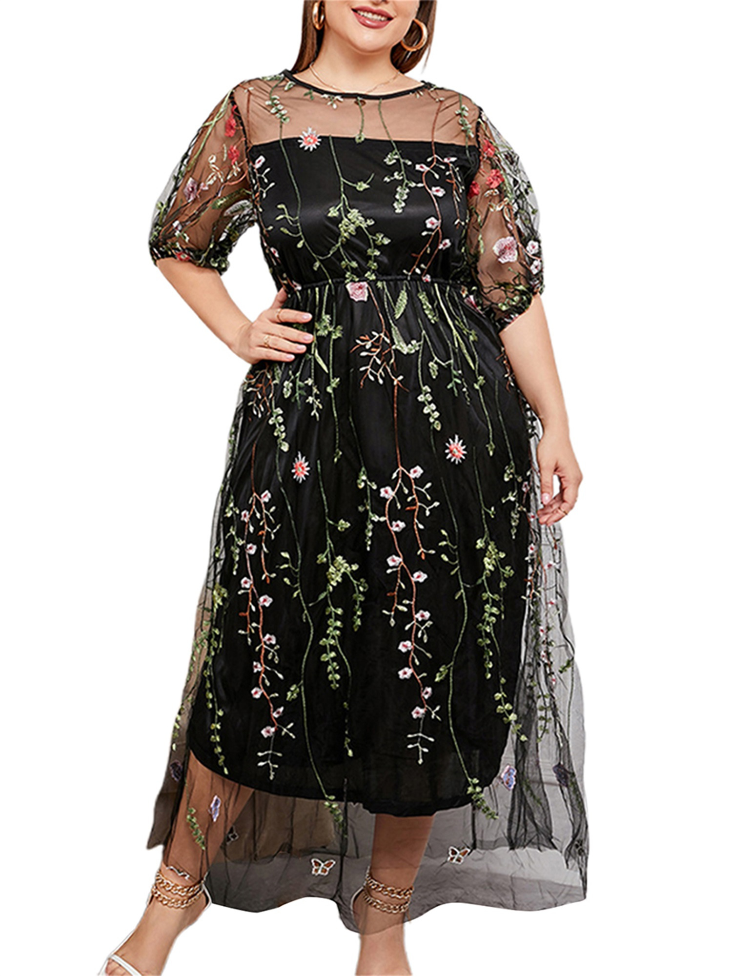 off the shoulder fit & flare dress Dolce & Gabbana Black Floral Embroidery Mesh Tulle Gown Women's Dress –  Bluefly