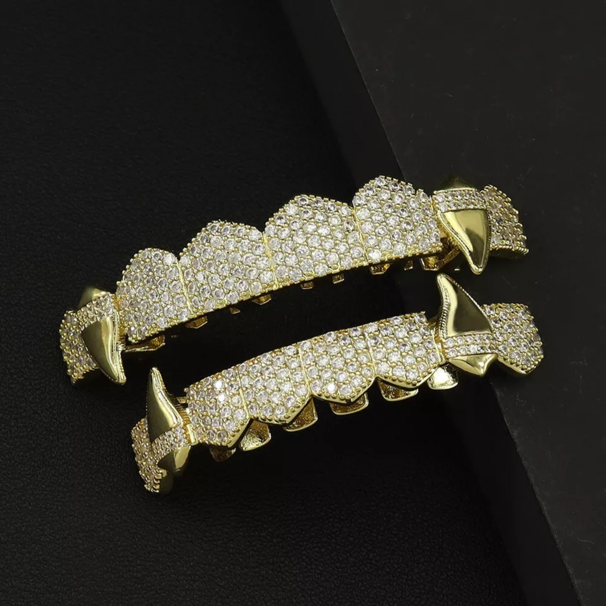 14K Gold Plated Hip Hop Grillz - 6 Tooth Diamond Fang Grill With CZ Stones For Vampire & Costume Parties
