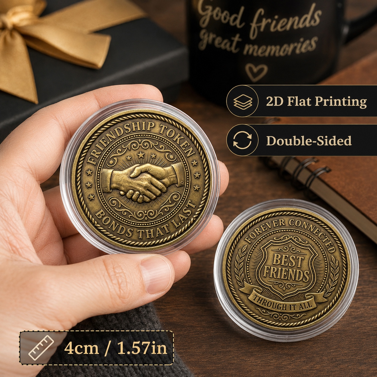 TEMU 1pc, 2d Flat Printing, Friendship Token Commemorative Coin (4cm/1.57in), Double-sided For Keepsake Coin, Brass-tone That Last , Friendship