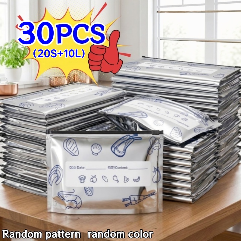 TEMU 30pcs Reusable Washable Aluminum Foil Storage Bags With Date Labels, Leakproof Freezer And Fridge Pouches For Meat, Veggies And Fruit, Random