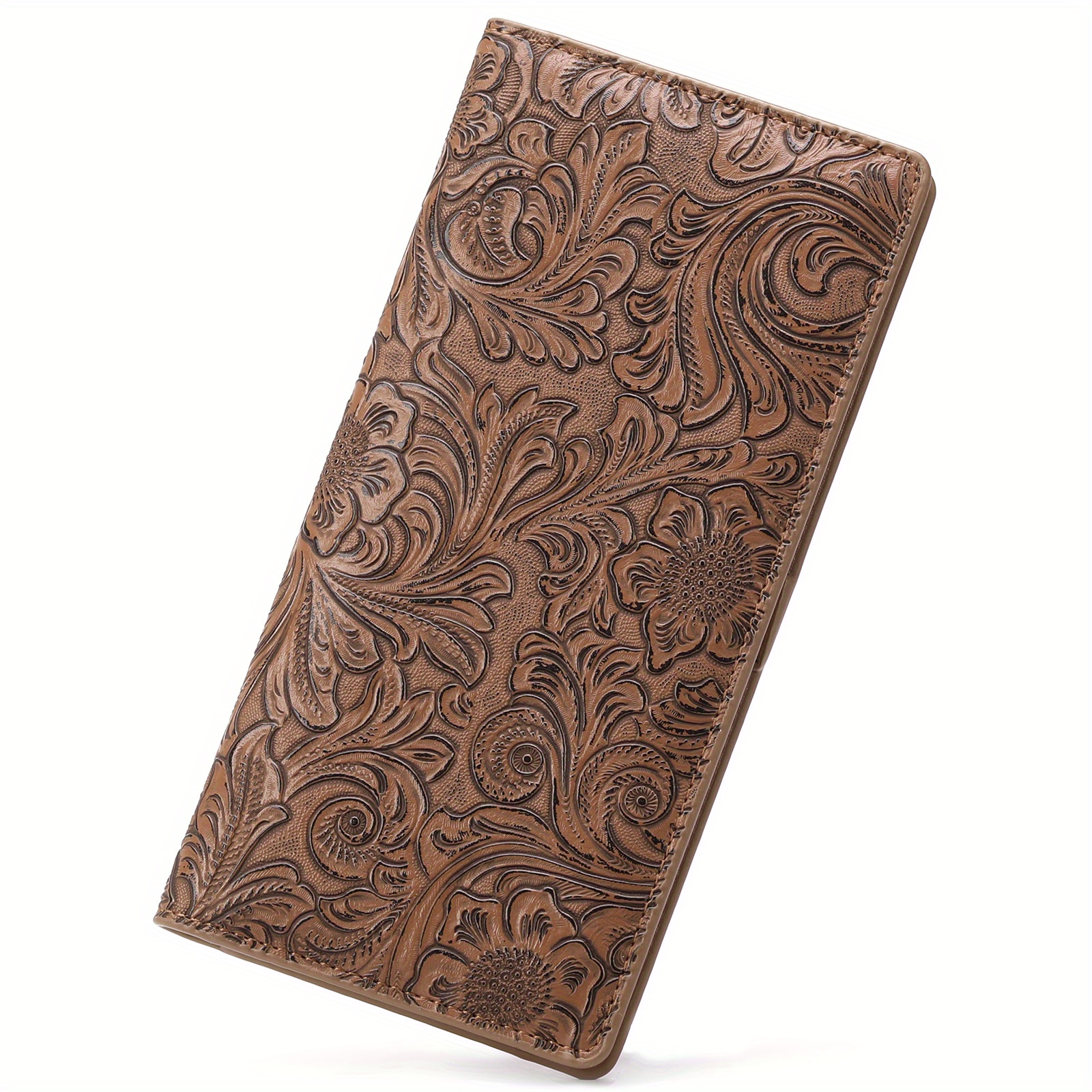 Portefeuille Femme Cuir Marron - Motif Floral Embossé Avec Fermeture à Pression