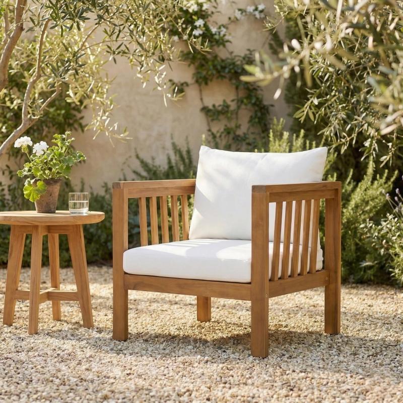Outdoor Acacia Wood Club Chair with Modern Square Arms, Patio Chair with Thick Cushion, Adjustable Leveling Feet for Poolside, Backyard And Deck, Beige Cushion