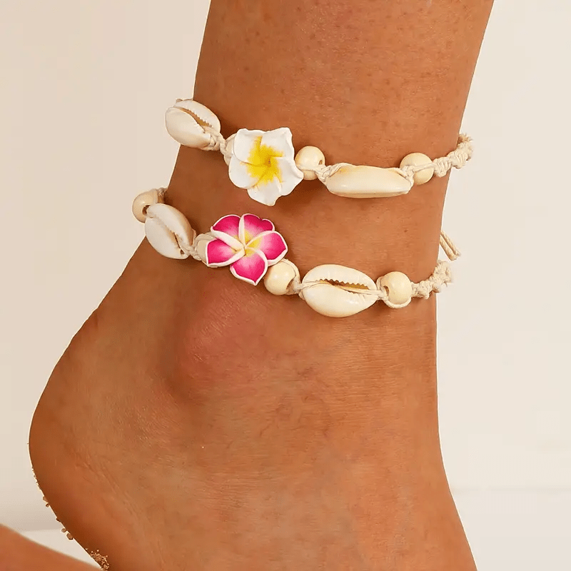 TEMU 2 Summer Beach Style Soft Clay Frangipani Woven Anklets Suitable For Women' Beach Wear