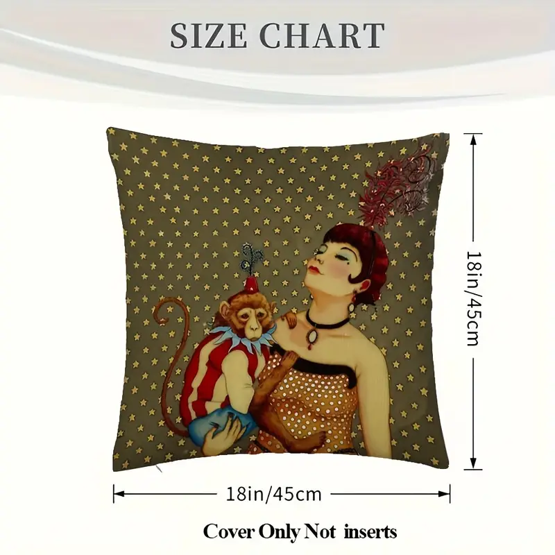 1pc retro style abstract animal print plush pillowcase, double-sided design, hand wash only, zipper closure, polyester fiber, bedroom, sofa, living room, car decorative cushion cover- 18x18 inches(no insert), decorative pillow, elegant woman & monkey portrait , -century decor Product details 5
