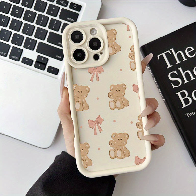 Brown bear bow Pattern Case for iPhone 16 15 14 Pro Max 13 12 11 XR XS Plus Shockproof Drop Protection Rugged Durable Silicone Cover Gifts for women men girls