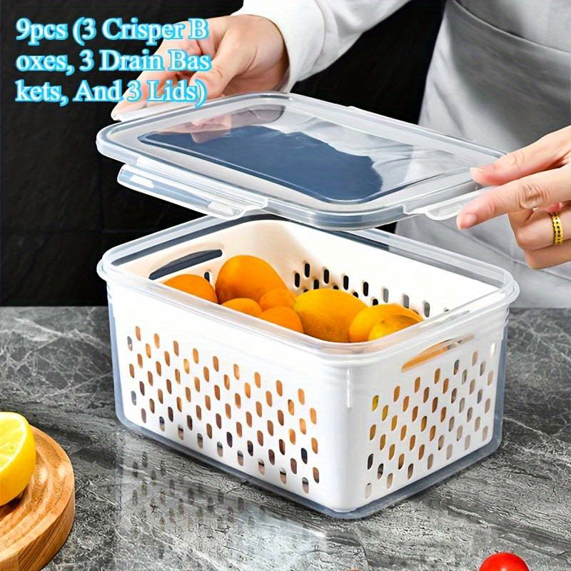 TEMU 9pcs Set Refrigerator Organizer - Stackable, Versatile For Fruits, Vegetables | 3pcs Lids, 3pcs Baskets, 3pcs Boxes With Drain Tray, Plastic,