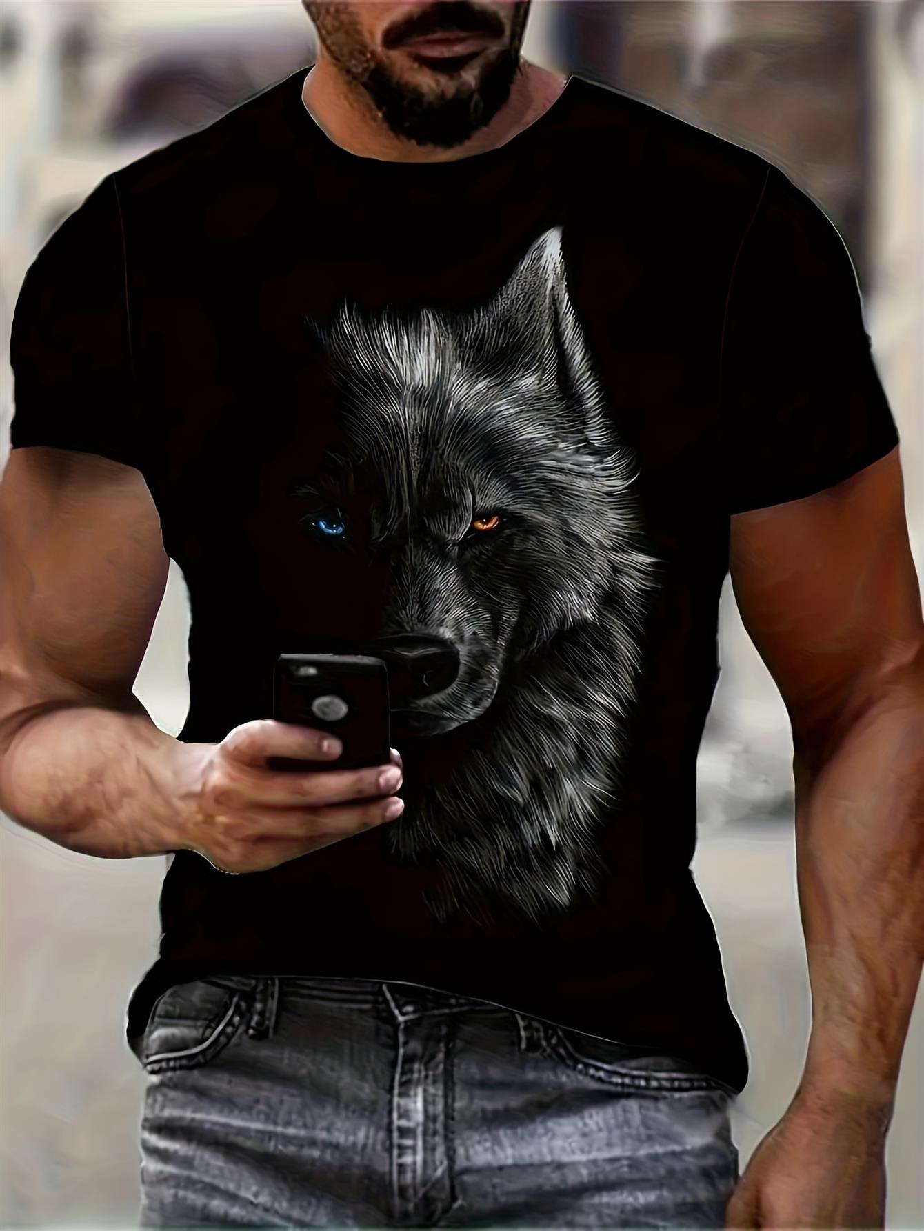 Herren 3D Wolf-Druck T-Shirt – Weicher Baumwoll-Crewneck mit auffälligem Blauaugen-Wolfdesign, atmungsaktives & leichtes Material für Casual, Sport & Outdoor – Edgy Streetwear mit realistischem Wolfs-Gesichtsdruck,  -Komfortpassform, täglicher Look, mutiges Grafikshirt, bequemes Material, bedrucktes Shirt für junge Erwachsene
