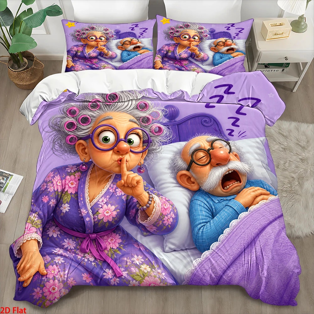 TEMU 3pcss Cartoon Fun Elderly Couple Print Duvet Cover Set, 3pcss Bedding (1* Duvet Cover   2* Pillowcases), Suitable For And Machine Washable,
