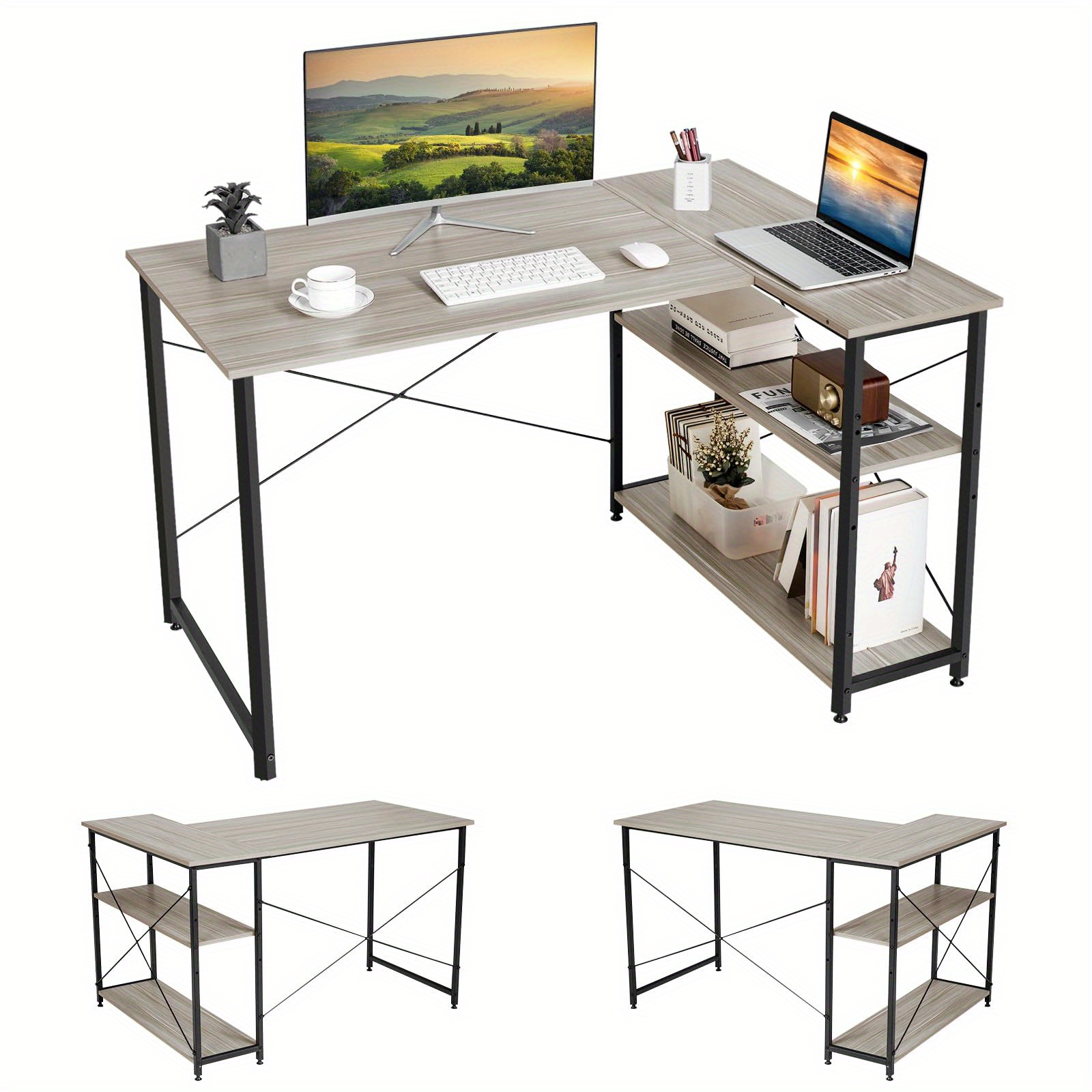 L-shaped Desk, Computer Desk With Shelf Right Or Left, With Storage Compartments, Office Desk For Home Office, Small Rooms, 120 X 88 X 74.5 Cm