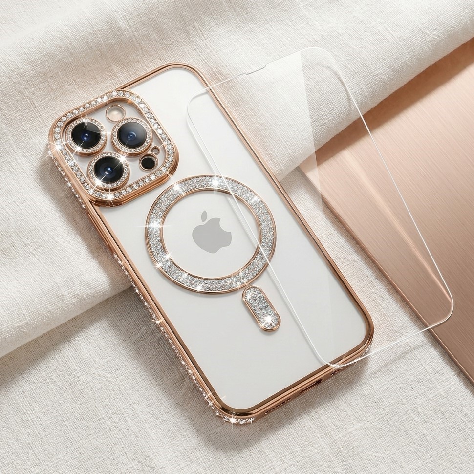 TEMU Phone Case: Kbkn-2pcs [1 Phone 1 Screen Protector] Magnetic For Iphone 17 16 15 Series, With Rhinestone, Luxury Electroplate Shockproof