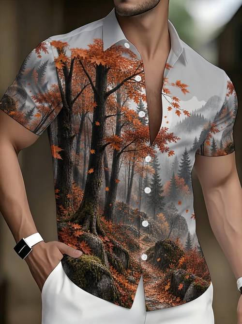 item picture mens autumn maple forest landscape print short sleeve shirt