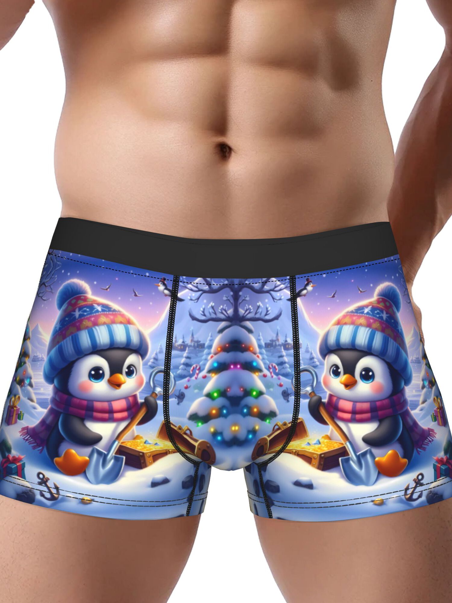 BIIHUDU Men's Winter Penguin Underwear - Christmas Penguin & Snowflake Print Boxer