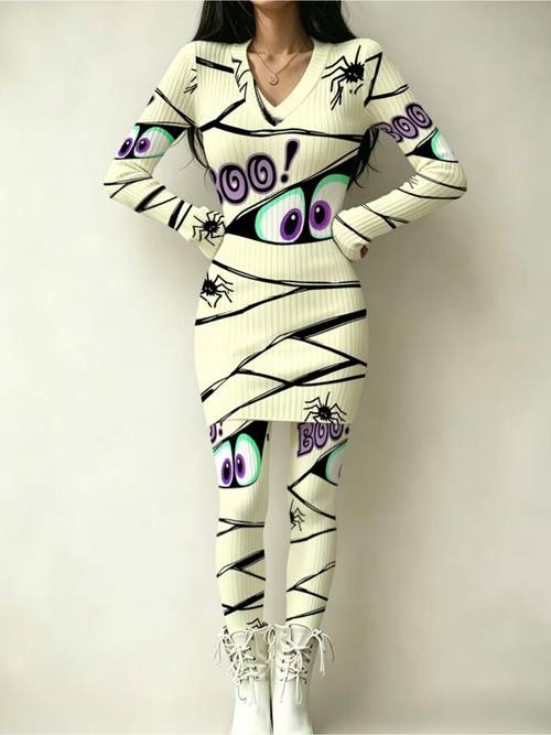 halloween themed womens dress set mixed colors multiple sizes and lightweight fabric suitable for party date stylish and comfortable