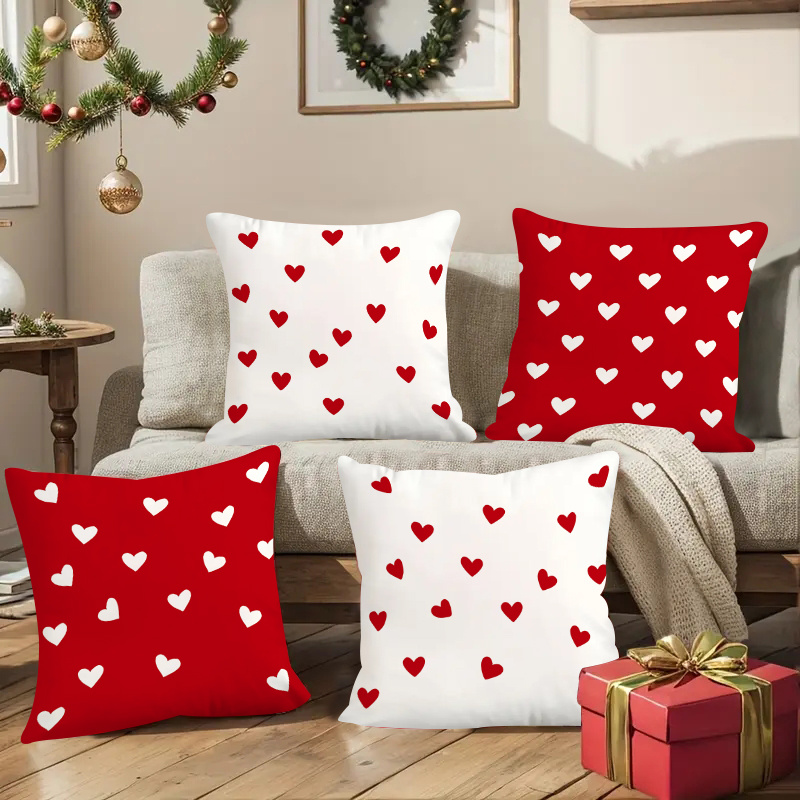 TEMU 4pcs Of Valentine's Day Pillow Covers / Cushion Covers, Decorated With Red And White Heart Print Patterns, Suitable For Spring And Summer,