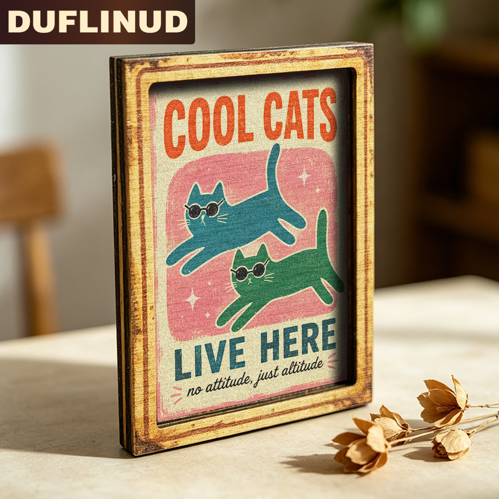 TEMU Retro Style Cat Fridge Magnet, Mini Decorative Card Wearing Sunglasses Design, Vibrant Wooden Fridge Sticker, Refrigerator Door Decoration, Fun
