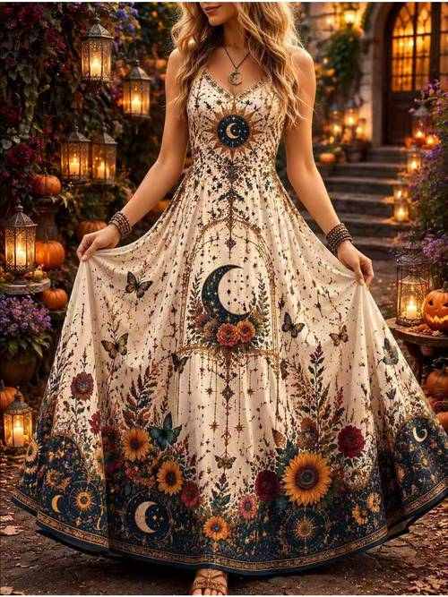 item picture boho celestial moon star floral print sleeveless spaghetti strap v neck maxi dress vintage botanical swing long dress for mature women garden holiday casual party dress