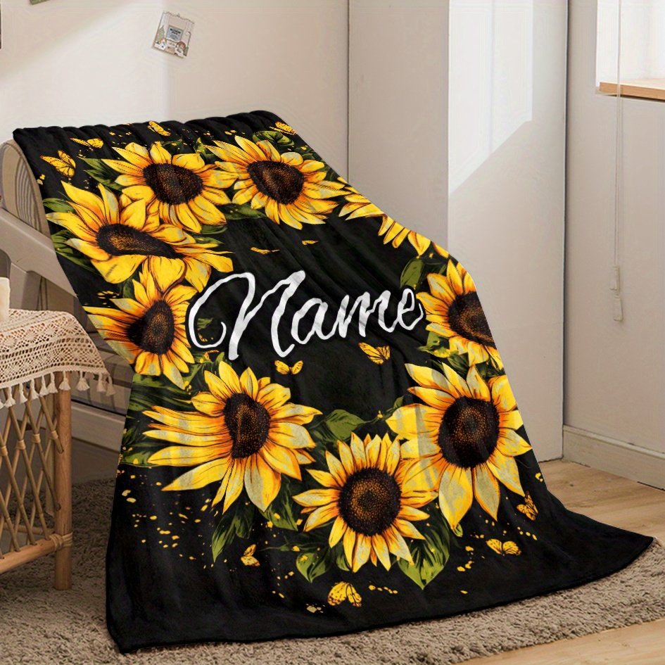 TEMU Custom Name Beautiful Wreath Of Sunflowers Blanket-lightweight Flannel Home Furnishings Bedding Blanket Suitable For Sofas Beds Travel Camping