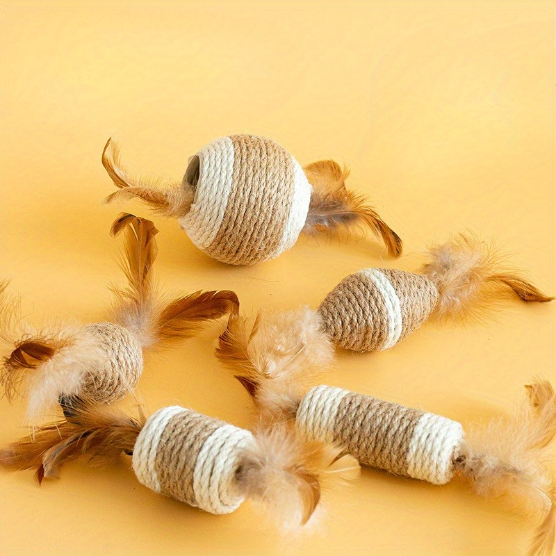 

1pc Interactive Cat Toy, Sisal Ball With Feather Teaser, -resistant Pet Plaything For All Breed Sizes, No Battery Needed