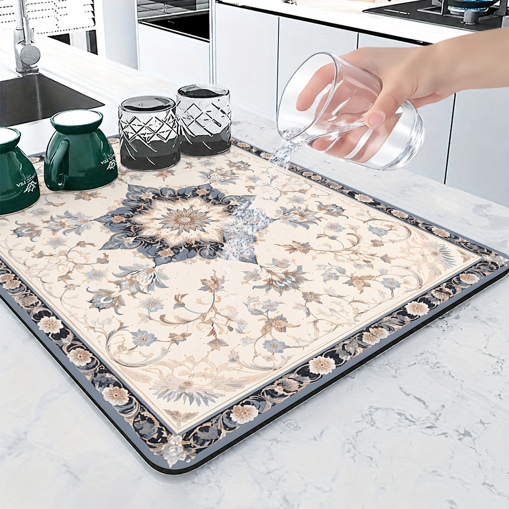 TEMU 1pc, French Retro Patterned Absorbent Placemat, Light Apricot Base Color, Printed With Pattern, Surrounded By Vines And Small Flowers, Suitable