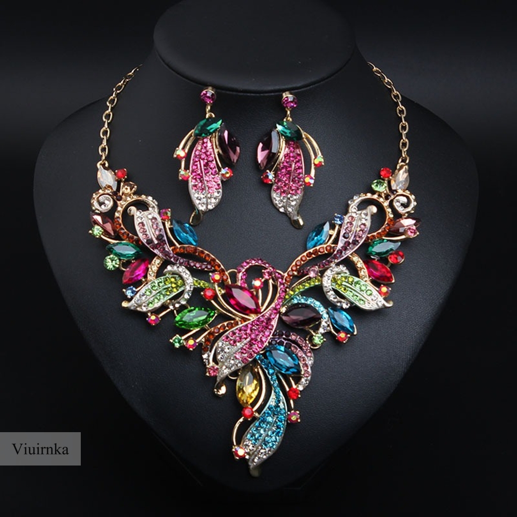 TEMU Viuirnka Multicolor Statement Necklace And Earrings Set For Women, With Accents, Vibrant And Elegant Jewelry For Wedding Brides Guests, Party,