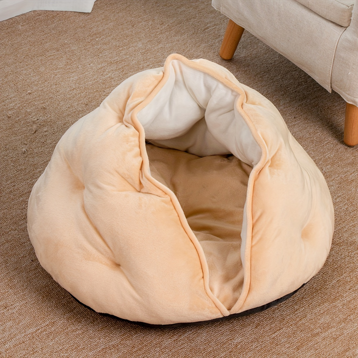 cozy plush khaki pet bed for cats small dogs thick warm soft polyester nest with full coverage design   for medium sized pets durable easy clean indoor bedding bed for   owners   fabric home pets Product details 4