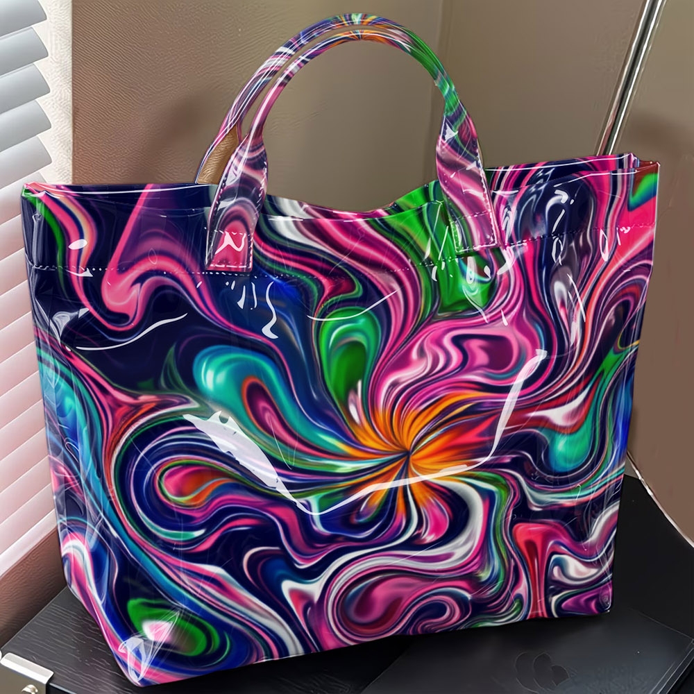 1pc Colorful Print Tote Bag, Large Capacity Clear Handbag, Marble Swirl/ Fluid Gradient Design Beach Bag, Trendy Casual Shoulder Bag