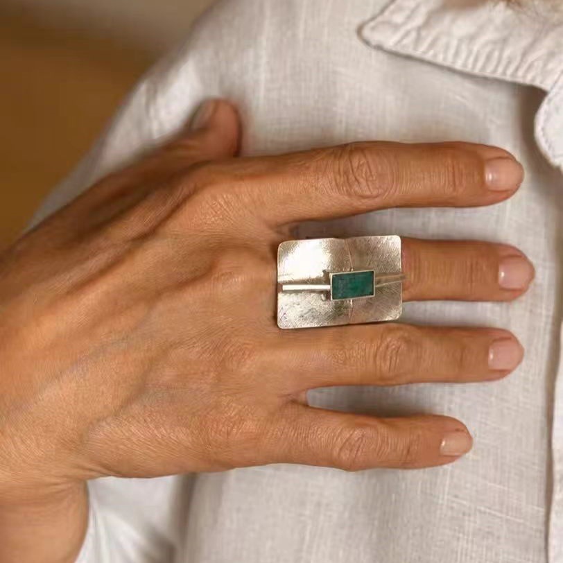 TEMU Anillo tipo placa cuadrada con sección plateada de estilo vintage, exquisito, de , , delicado, de diseñador, versátil