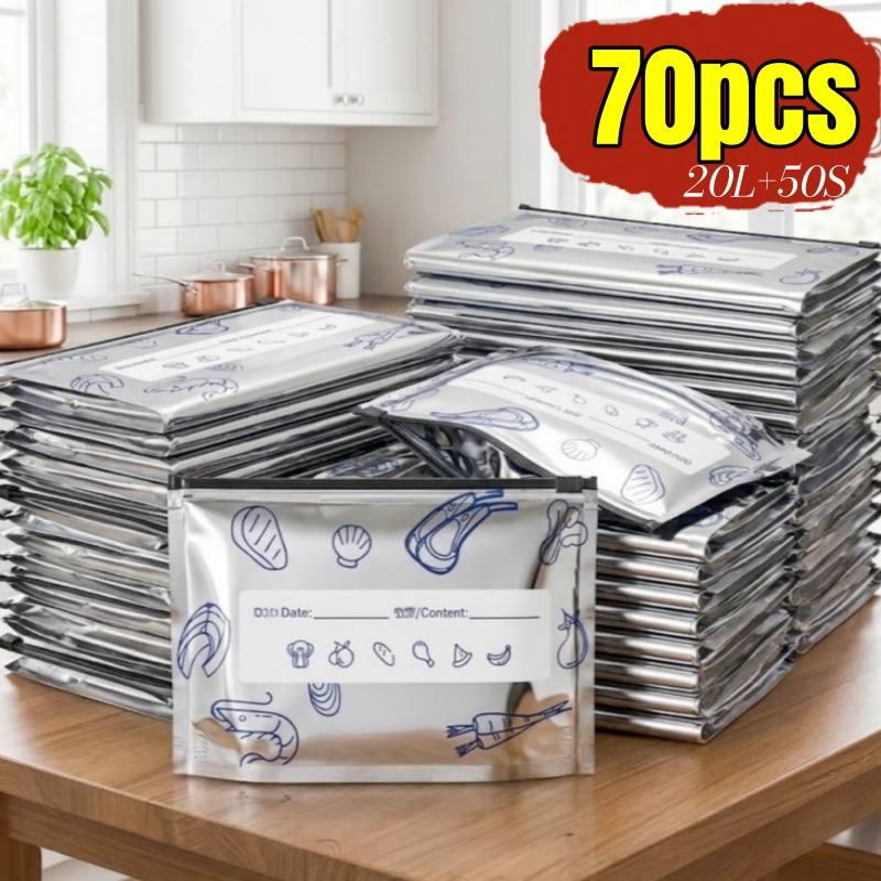 TEMU 70pcs Reusable Washable Aluminum Foil Vacuum Seal Storage Bags With Date Labels, Leak-proof Freezer Bags For Freezing And Refrigerating Food,