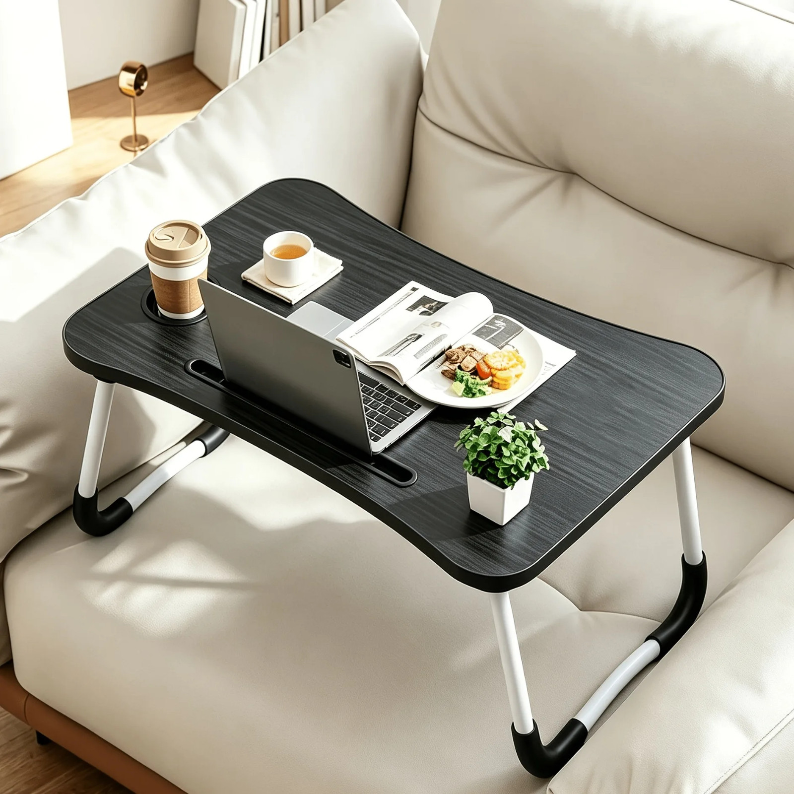 TEMU Plateau de Tablette Ordinateur Pliable pour Lit, Support de Bureau, Plateau pour Ordinateur Portable, Fente à Gobelet, Réglable
