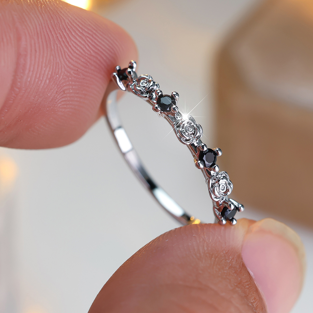 Women's Vintage Delicate Rose Stackable Band with Zirconia Inlay