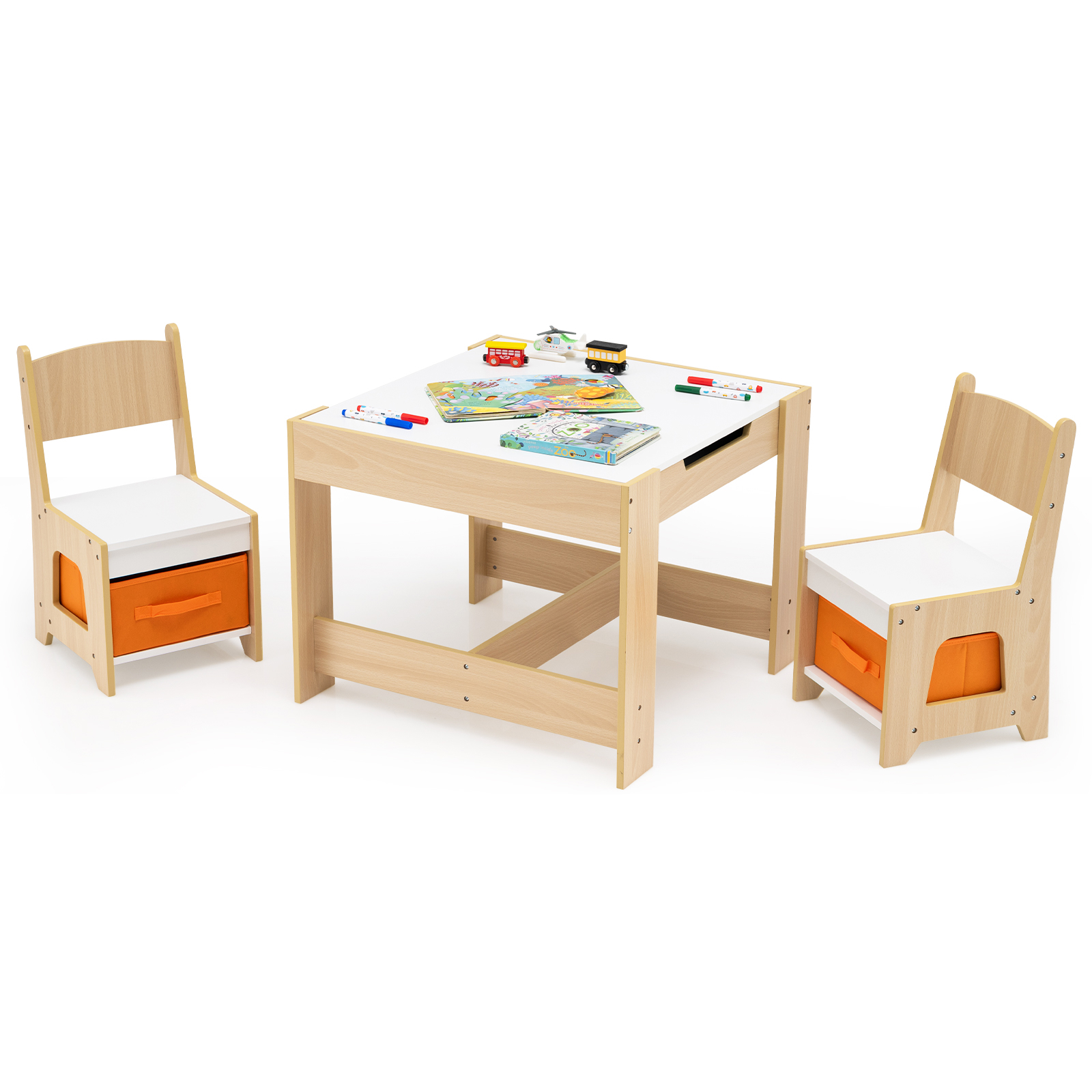 Image of Kids Table And Chairs Set, Wooden Activity Table With 2 Seats, Detachable Dual-sided Tabletop, Fabric Drawers, Toddler Desk And Chair Set