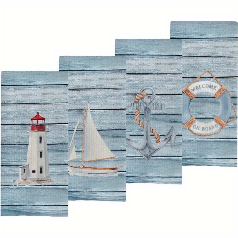 

4pcs Set Nautical Hand Towels - Ultra Soft Polyester, Machine Washable, Kitchen & Bathroom Decor, 18x26 Inches