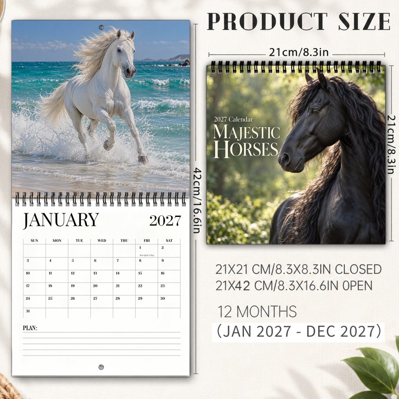 TEMU Calendrier mural 2027 Chevaux Majestueux - Agenda mensuel sur cheval à spirale en papier épais avec pages épaisses et jours fériés indiqués,