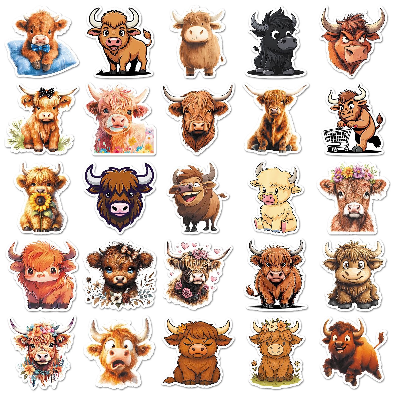50pcs Highland Cow Series Graffiti Stickers Self-adhesive Graffiti Stickers, Suitable For Decorative Roller Skating And Cycling, Water Cups, , Skateboards, Luggage, Helmets, Etc