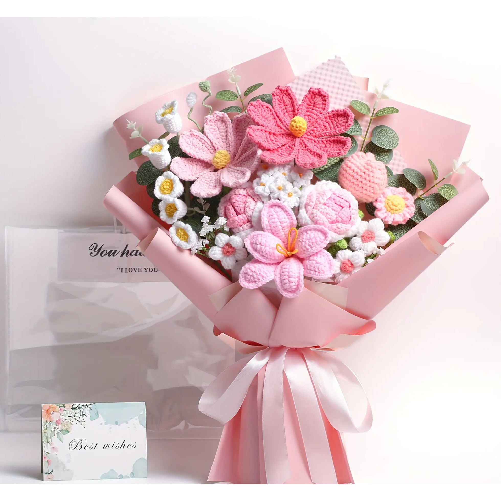 TEMU Handmade Crochet Bouquet With Soft Pink And White Roses, Layered In Elegant Gift Set, Premium Fabric Flowers For Weddings, Valentine's Day And