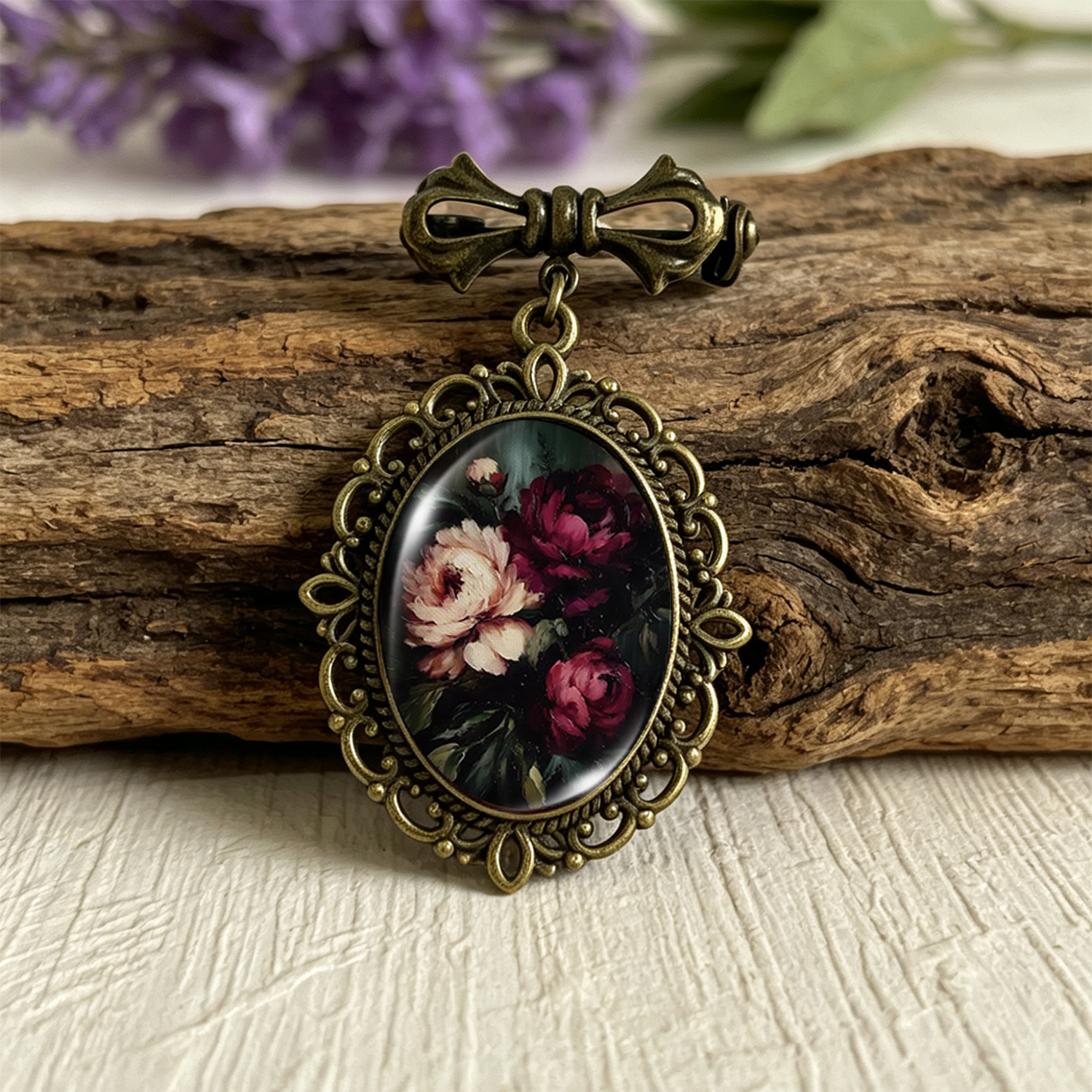TEMU 1pc Dark Bottom Vintage Peony Oil Painting Time Gem Brooch Hollow Lace Bow Brooch Vintage Copper-colored Brooch