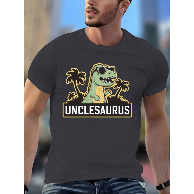 

Men's Casual Crew Neck T-shirt With Unclesaurus Graphic, 100% Polyester Knit Fabric, Stretch, Regular Fit, Geometric Pattern, Summer Short Sleeve Tee Shirt