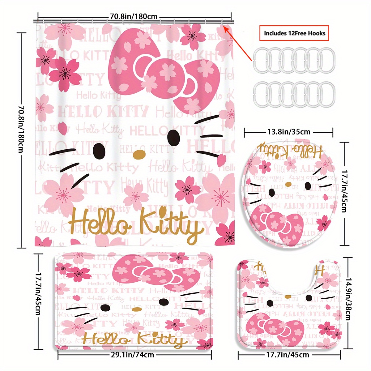 TEMU 4pcs For Hello Curtain Set. A Beautiful Housewarming Gift And A Curtain Decoration. -piece Set Of A Waterproof Bath Curtain And A Toilet Floor Mat, Comes With 12 Bath Curtain Hooks.