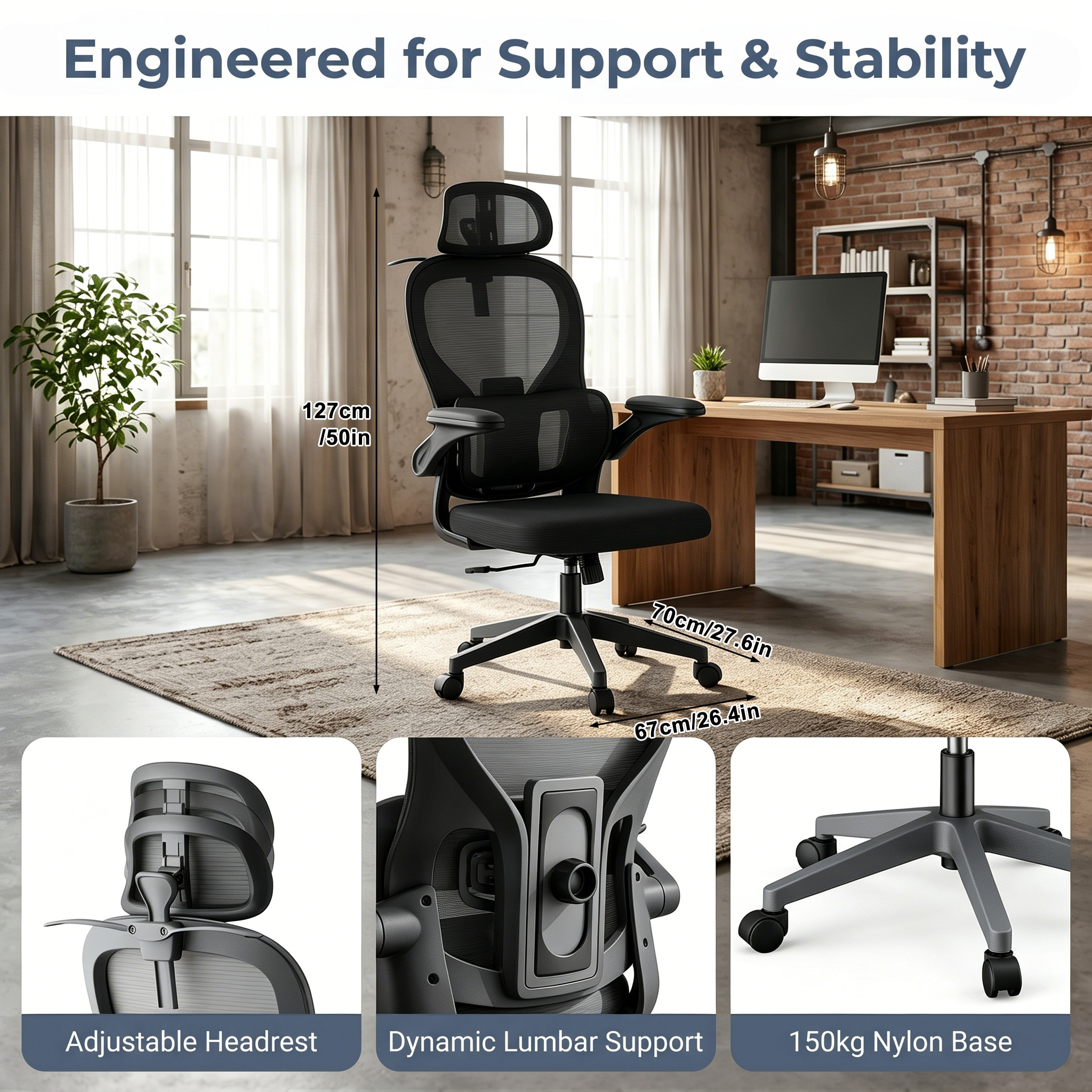 Breathable Mesh Office Chair, Integrated Clothes Hanger, Adjustable Headrest & Armrests, 125° Reclining Function, Ergonomic Height Adjustable Sturdy Desk Chair