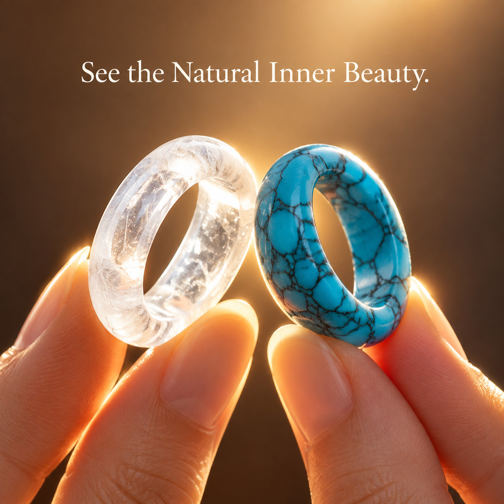 2pcs White Crystal & Deep Blue Turquoise Natural Stone Ring Band Set