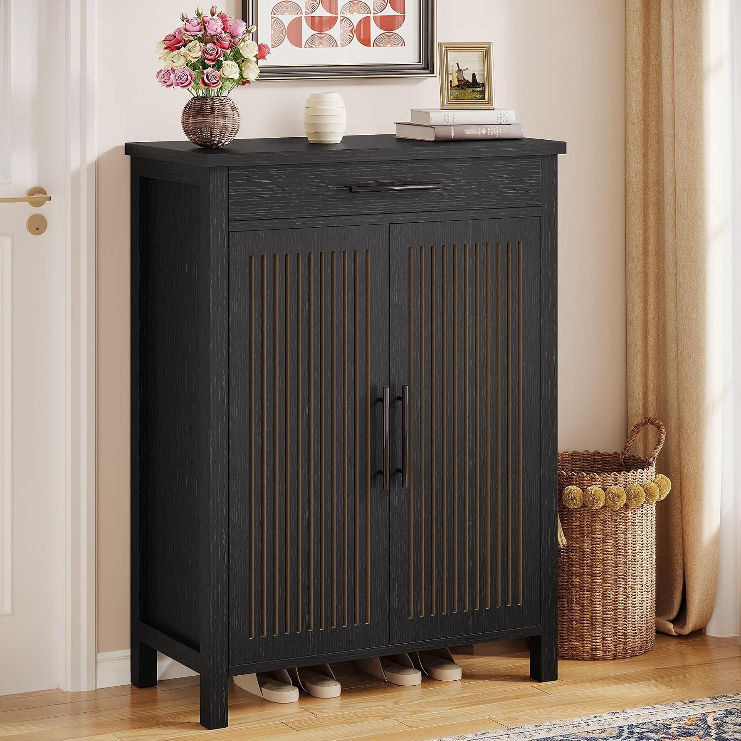 Image of 5-tier Shoe Cabinet With Louvered Doors & Drawer, Freestanding Wooden Shoe Rack With Adjustable Shelves, Entryway Hallway Storage Cabinet, Black