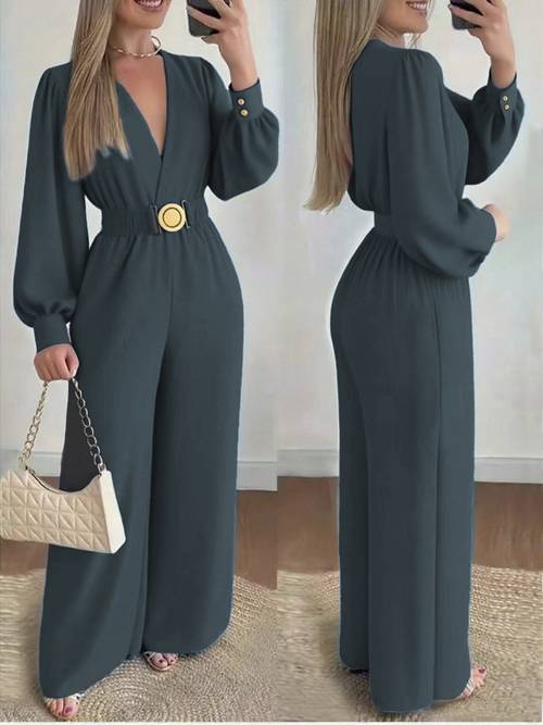 womens stylish deep v neck one piece outfit with wide leg drape fit and versatile design ideal for daily leisure chic silhouette adds elegant charm to your warm and cool