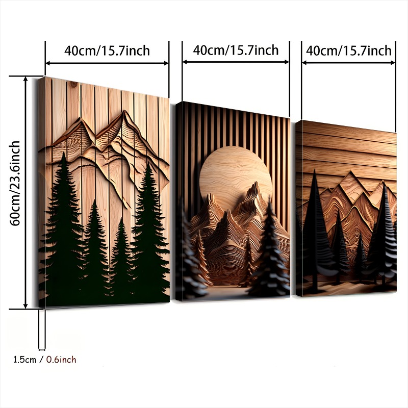 E-shop 2D Flach, [2D Flachdrucke] 3-teilige Holzgerahmte Leinwandbilder, Majestätische Berge & Kiefernsilhouetten, Fertig zum Aufhängen Wandkunst für