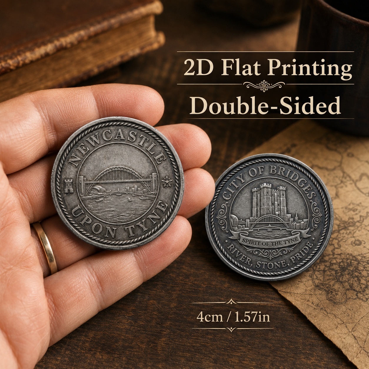 TEMU 1pc, 2d Flat, Double-sided Metal Newcastle Commemorative Coin, Tyne & Decorative Decision Coin & Challenge Coin, Silvery-tone Keepsake Coin With